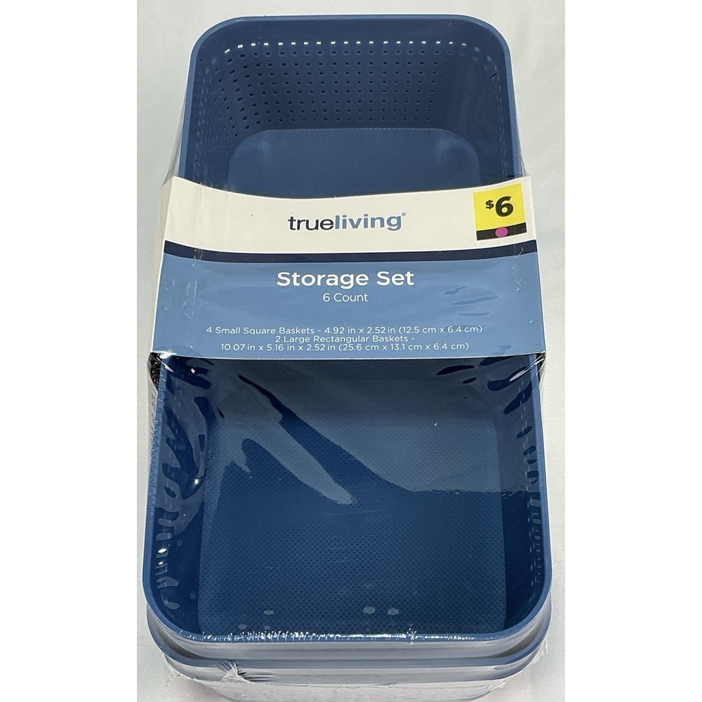 TrueLiving Storage Set 6 Count - Blue Plastic Baskets (4 Small And 2 Large ) New